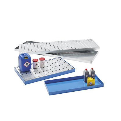 Steel sump tray for small containers, LxWxH 940 x 370 x 60 mm, with certification, sump capacity 20 l, light blue.