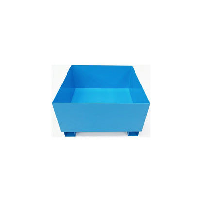 Steel sump tray for 200 l drums, LxWxH 800 x 800 x 465 mm, with certification, powder coated blue, without grate.