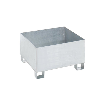 Steel sump tray for 200 l drums, LxWxH 800 x 800 x 465 mm, with certification, hot dip galvanised, without grate.