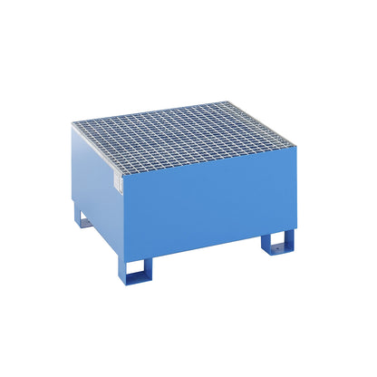 Steel sump tray for 200 l drums, LxWxH 800 x 800 x 465 mm, with certification, powder coated blue, with grate.