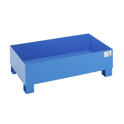 Steel sump tray for 200 l drums, LxWxH 1200 x 800 x 360 mm, with certification, powder coated blue, without grate.