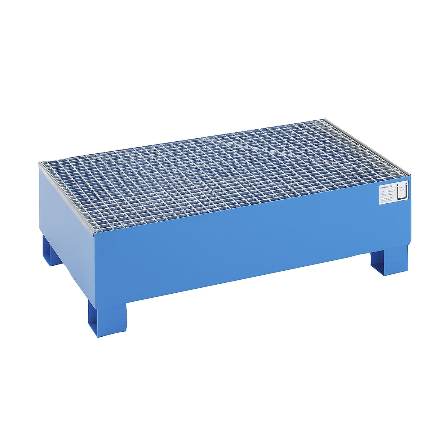 Steel sump tray for 200 l drums, LxWxH 1200 x 800 x 360 mm, without certification, powder coated blue, with grate.