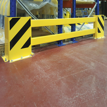 Rack protection guard rail set, with corner guards, for double sided shelving, width 1700 - 2100 mm.