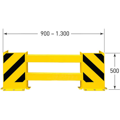 Rack protection guard rail set, with corner guards, for single sided shelving, width 900 - 1300 mm.
