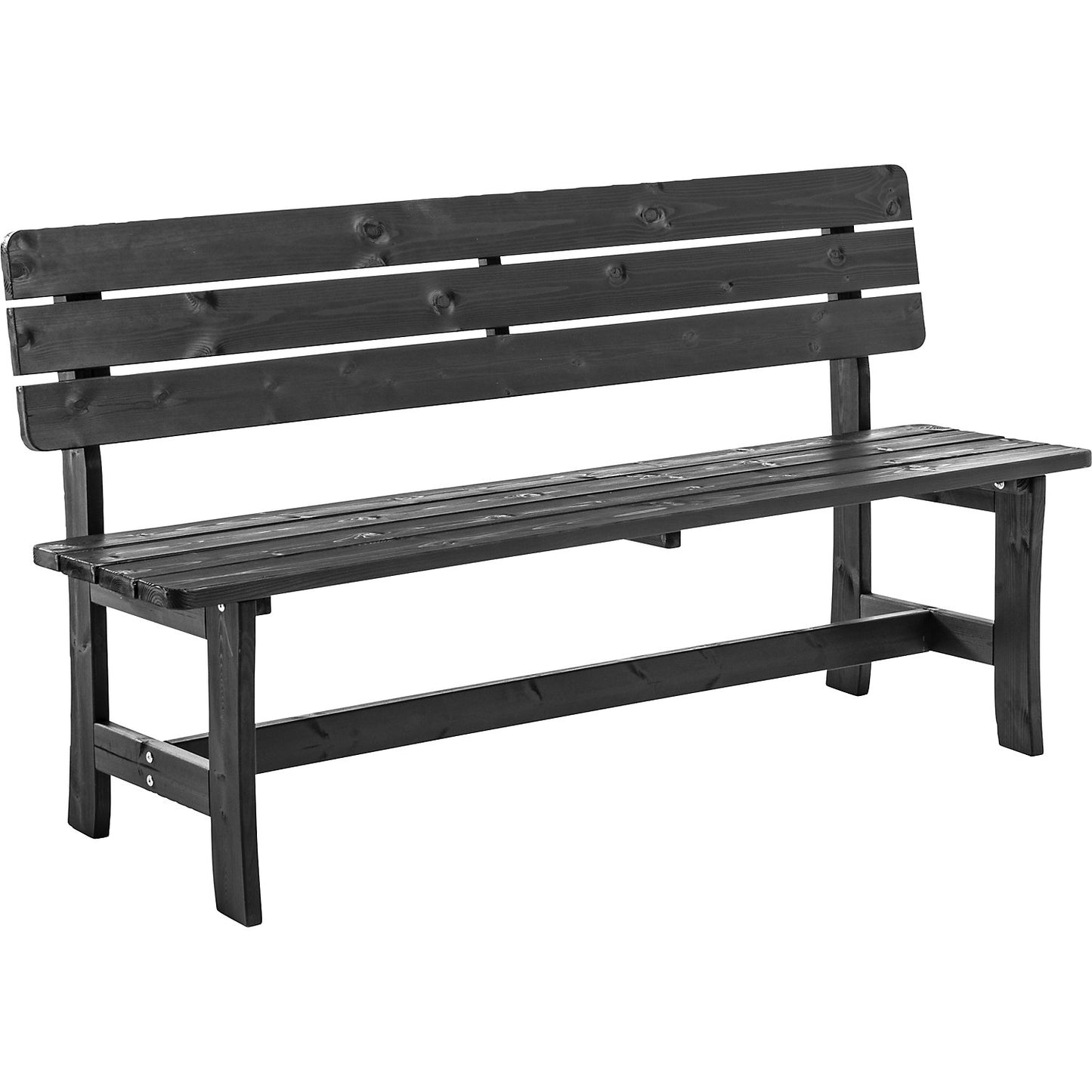 Wooden bench, black, overall length 1600 mm, overall height 870 mm.