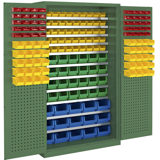 Large cupboard, 11 shelves, 173 open fronted storage bins, reseda green RAL 6011.