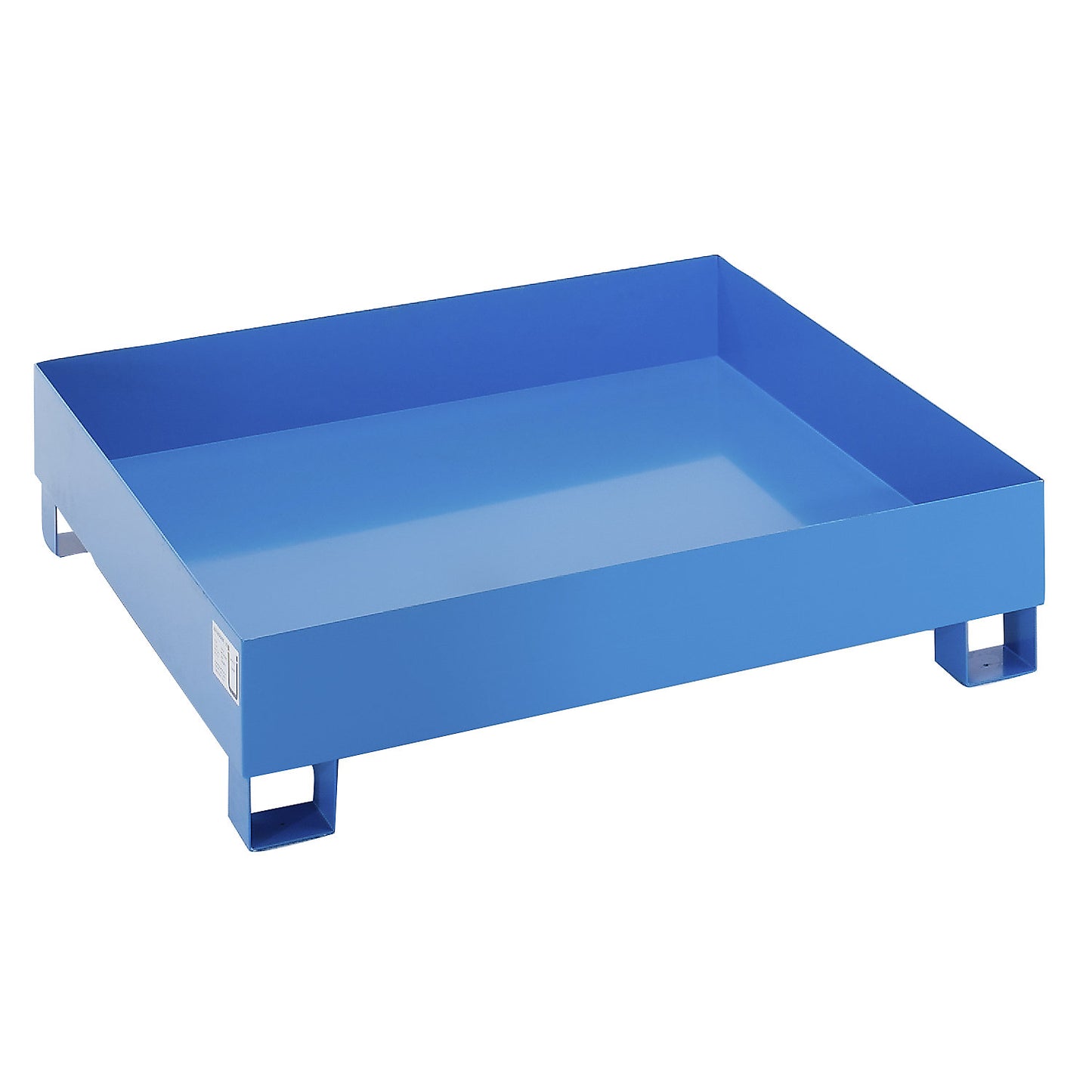 Steel sump tray for 200 l drums, LxWxH 1200 x 1200 x 285 mm, without certification, powder coated blue, without grate.