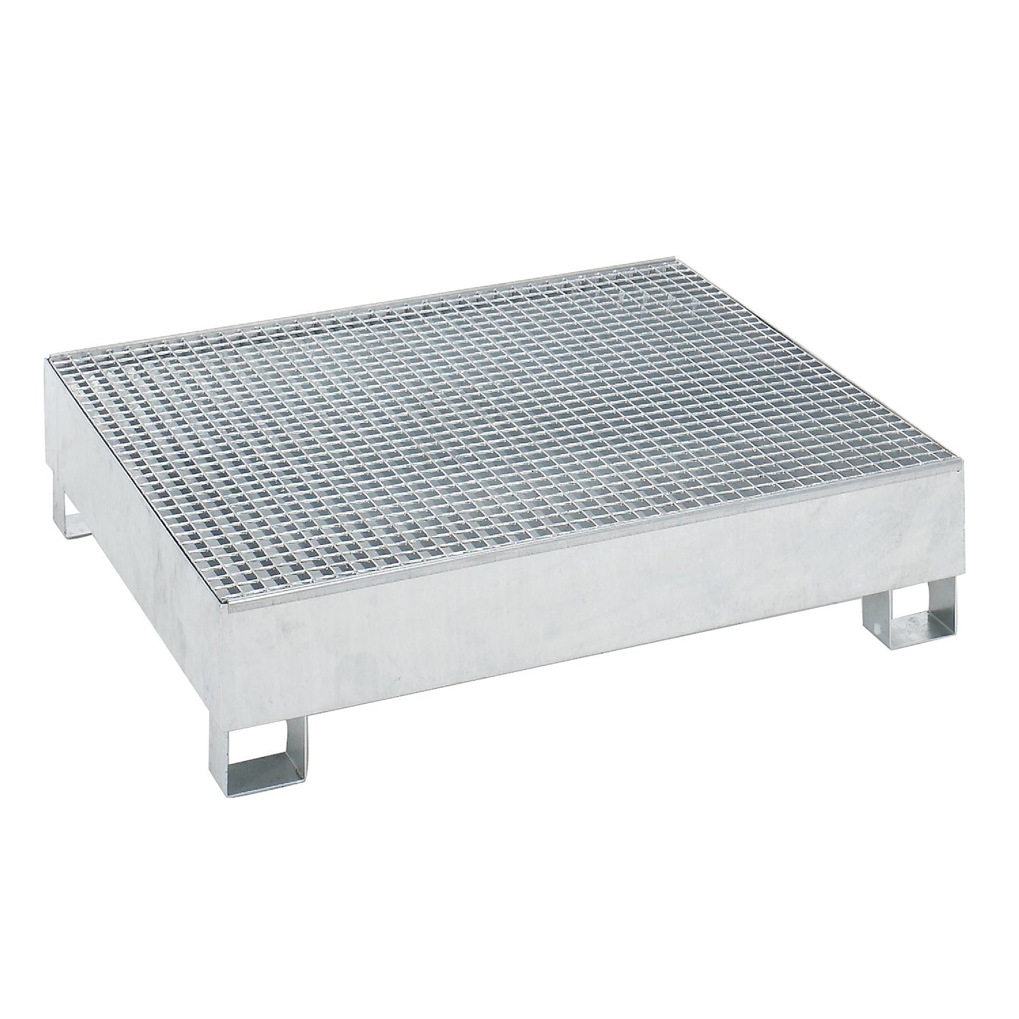 Steel sump tray for 200 l drums, LxWxH 1200 x 1200 x 285 mm, with certification, hot dip galvanised, with grate.