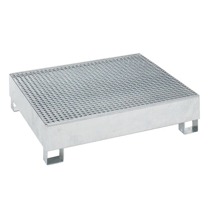 Steel sump tray for 200 l drums, LxWxH 1200 x 1200 x 285 mm, with certification, hot dip galvanised, with grate.