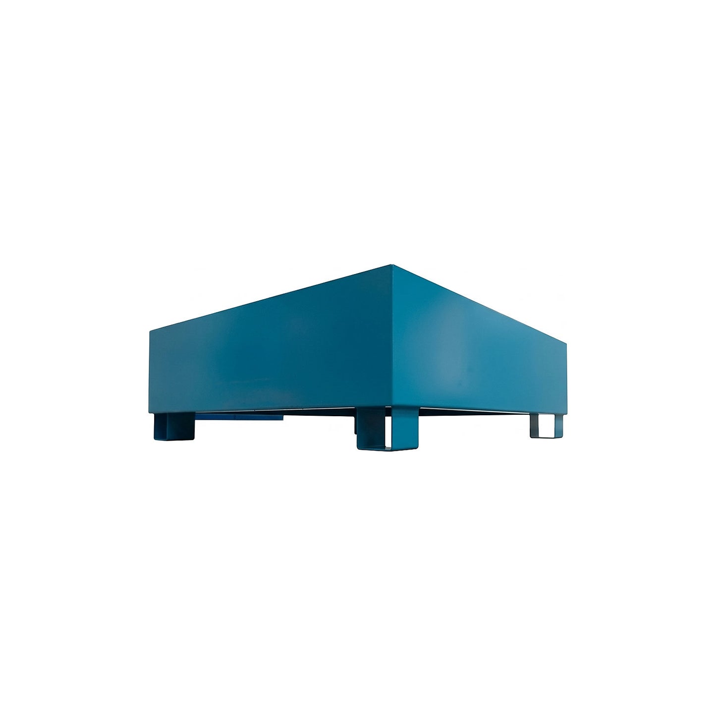 Steel sump tray for 200 l drums, LxWxH 1200 x 1200 x 415 mm, with certification, powder coated blue, without grate.