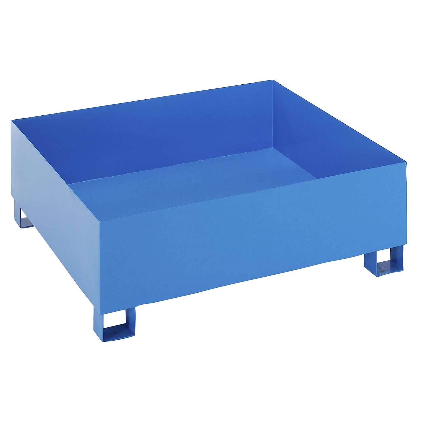 Steel sump tray for 200 l drums, LxWxH 1200 x 1200 x 415 mm, with certification, powder coated blue, without grate.