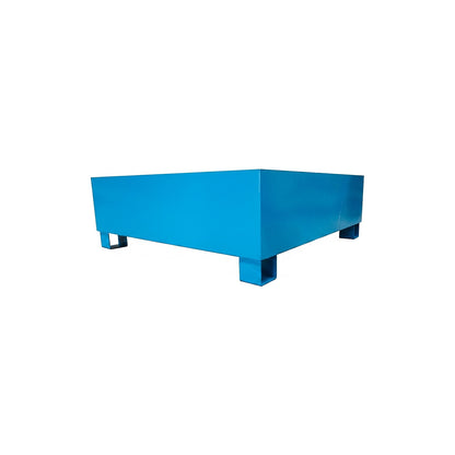 Steel sump tray for 200 l drums, LxWxH 1200 x 1200 x 415 mm, without certification, powder coated blue, without grate.
