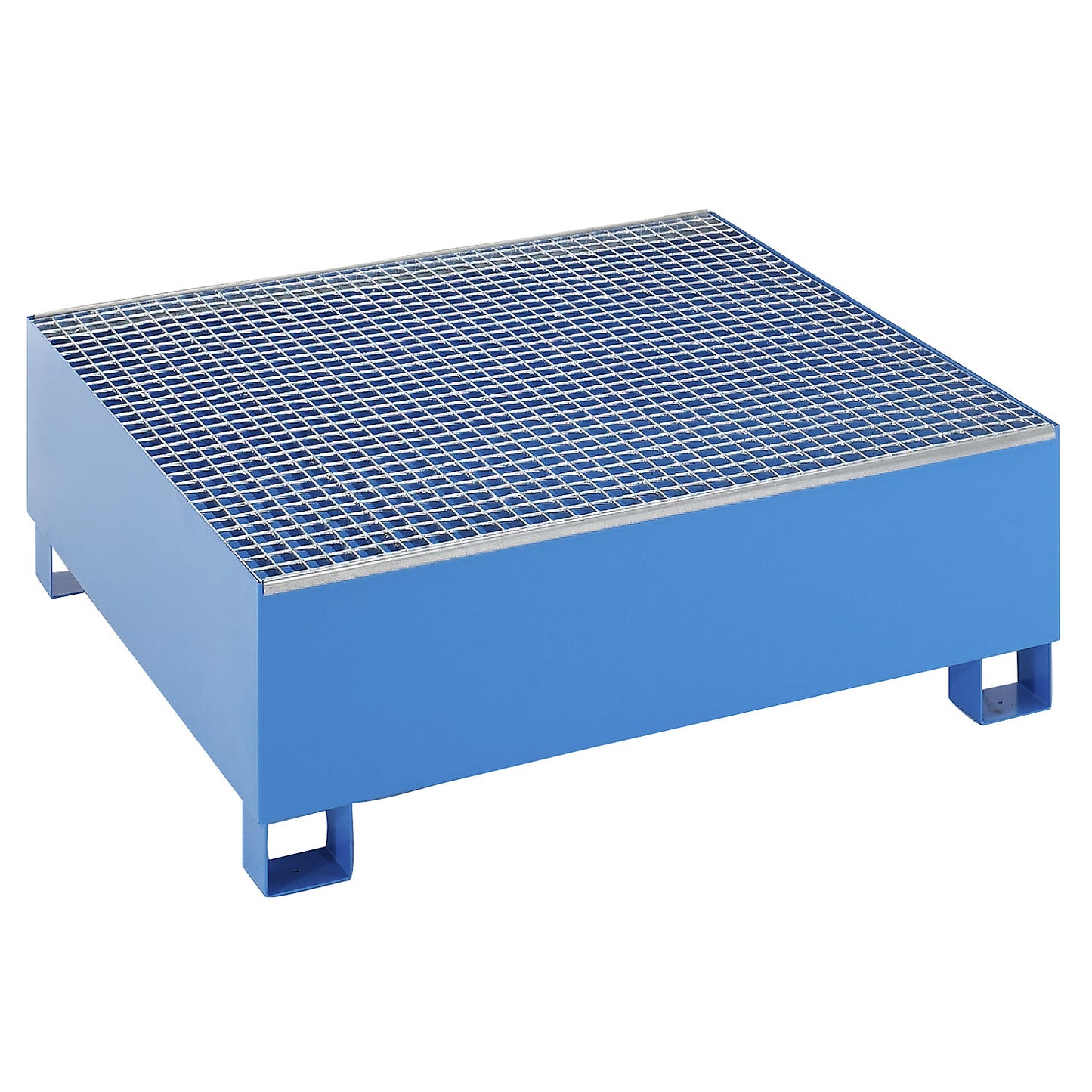 Steel sump tray for 200 l drums, LxWxH 1200 x 1200 x 415 mm, without certification, powder coated blue, with grate.