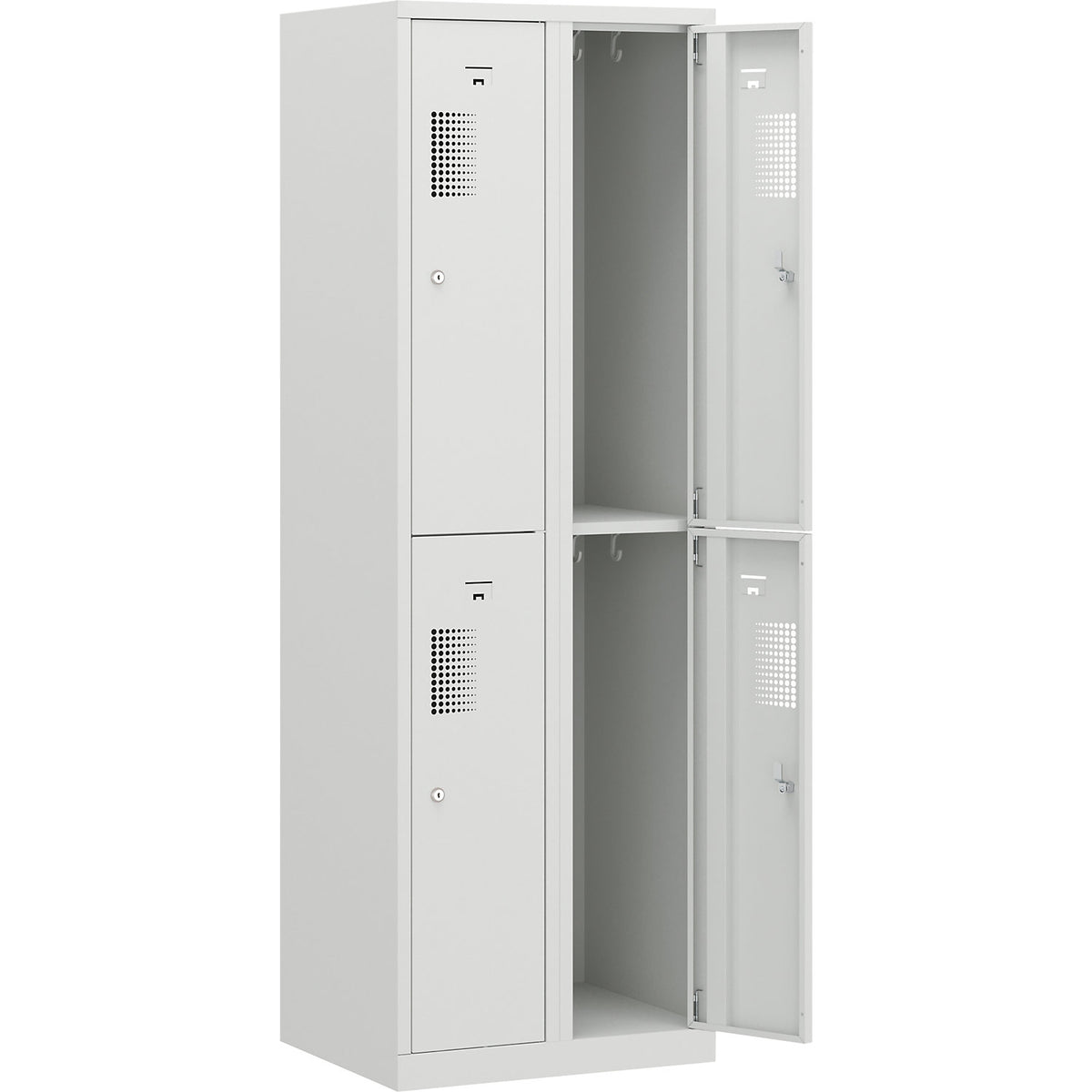 Amsterdam double deck clothes locker, 2 compartments, width 600 mm, 4 compartments, light grey.