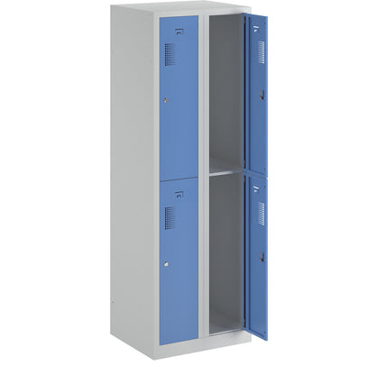 Amsterdam double deck clothes locker, 2 compartments, width 600 mm, 4 compartments, light grey / light blue.