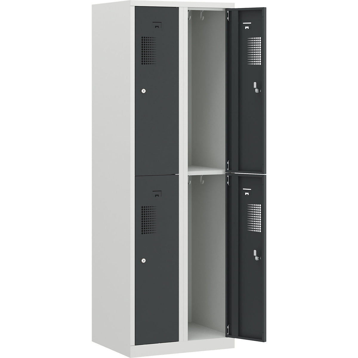 Amsterdam double deck clothes locker, 2 compartments, width 600 mm, 4 compartments, light grey / basalt grey.
