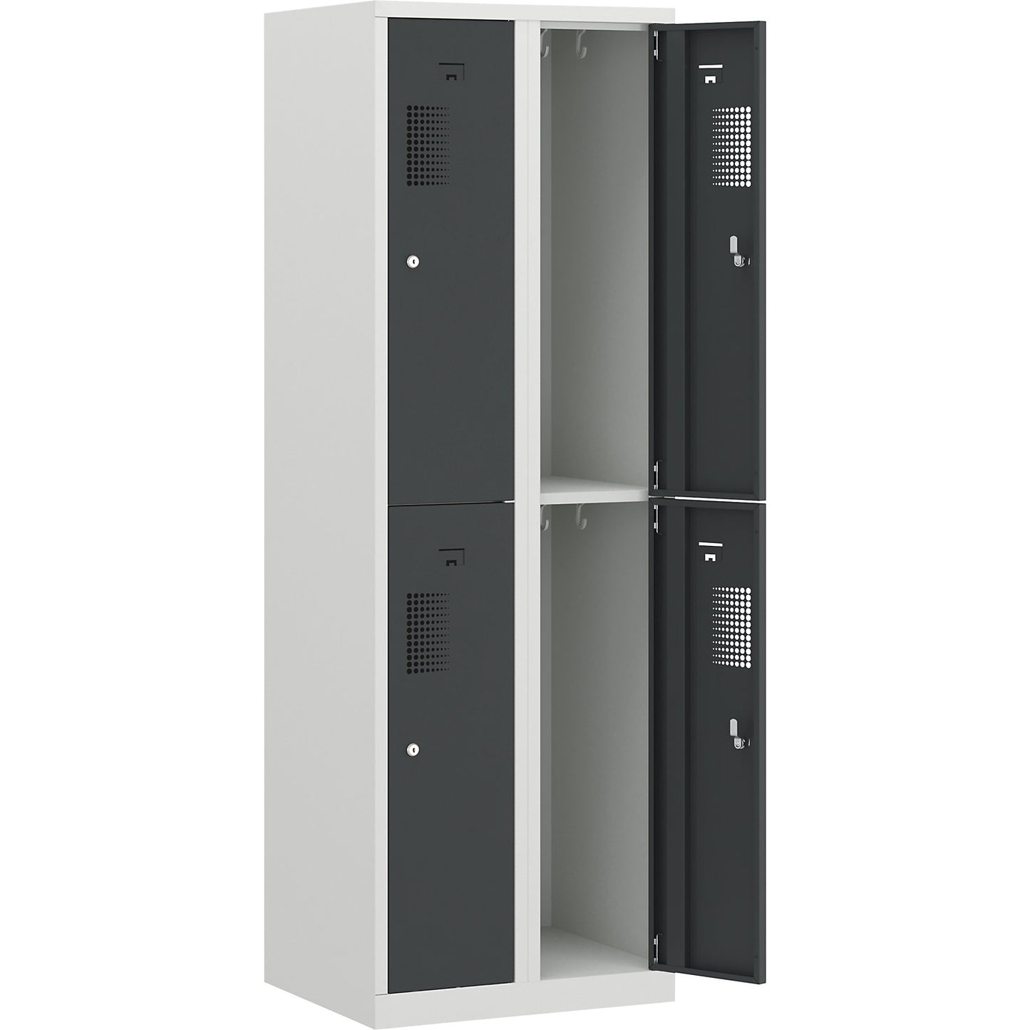 Amsterdam double deck clothes locker, 2 compartments, width 600 mm, 4 compartments, light grey / basalt grey.