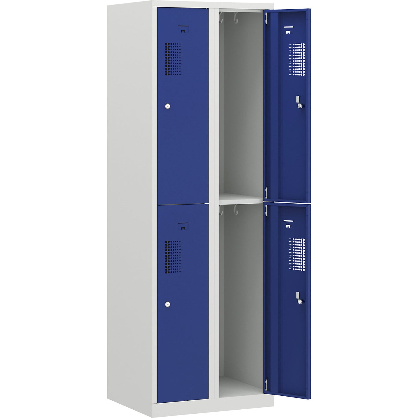 Amsterdam double deck clothes locker, 2 compartments, width 600 mm, 4 compartments, light grey / gentian blue.