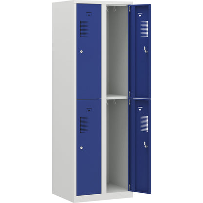 Amsterdam double deck clothes locker, 2 compartments, width 600 mm, 4 compartments, light grey / gentian blue.