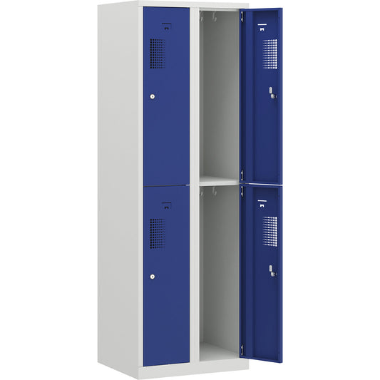 Amsterdam double deck clothes locker, 2 compartments, width 600 mm, 4 compartments, light grey / gentian blue.