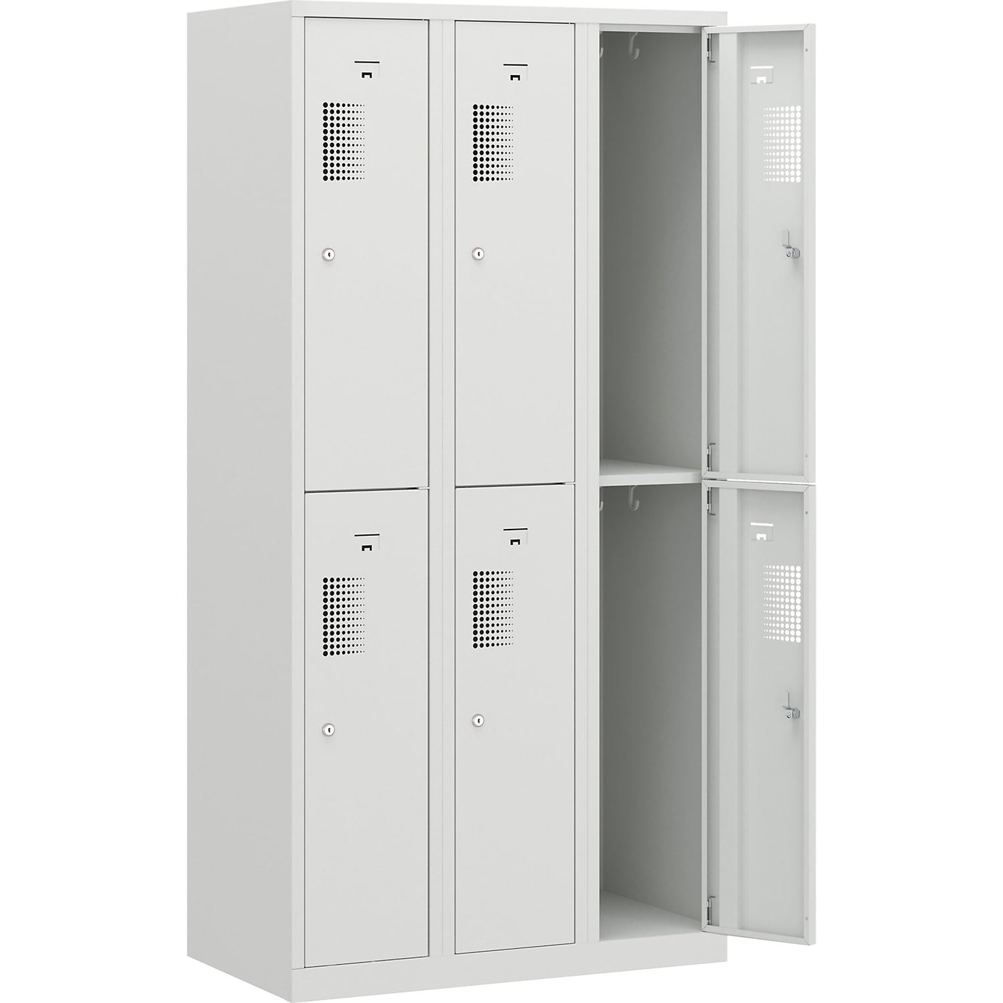Amsterdam double deck clothes locker, 3 compartments, width 900 mm, 6 compartments, light grey.