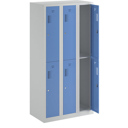Amsterdam double deck clothes locker, 3 compartments, width 900 mm, 6 compartments, light grey / light blue.