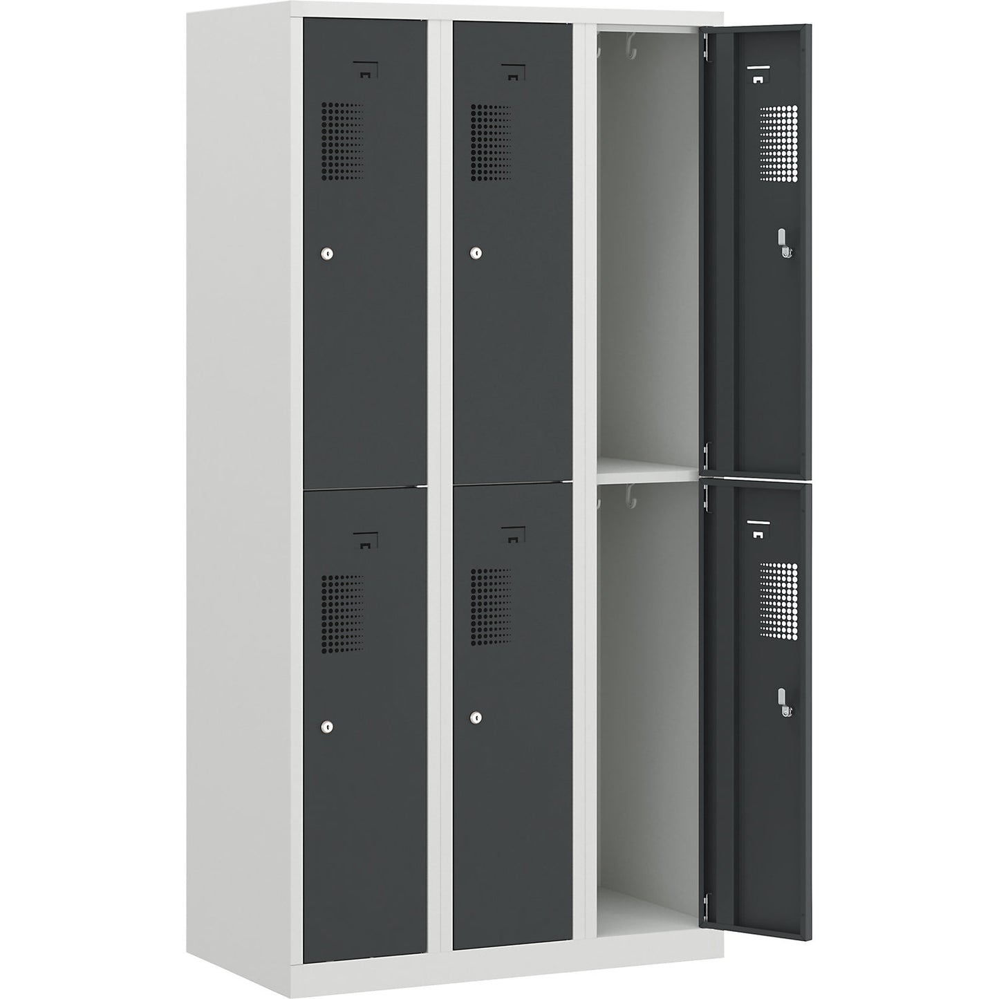 Amsterdam double deck clothes locker, 3 compartments, width 900 mm, 6 compartments, light grey / basalt grey.