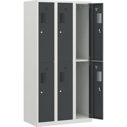 Amsterdam double deck clothes locker, 3 compartments, width 900 mm, 6 compartments, light grey / basalt grey.