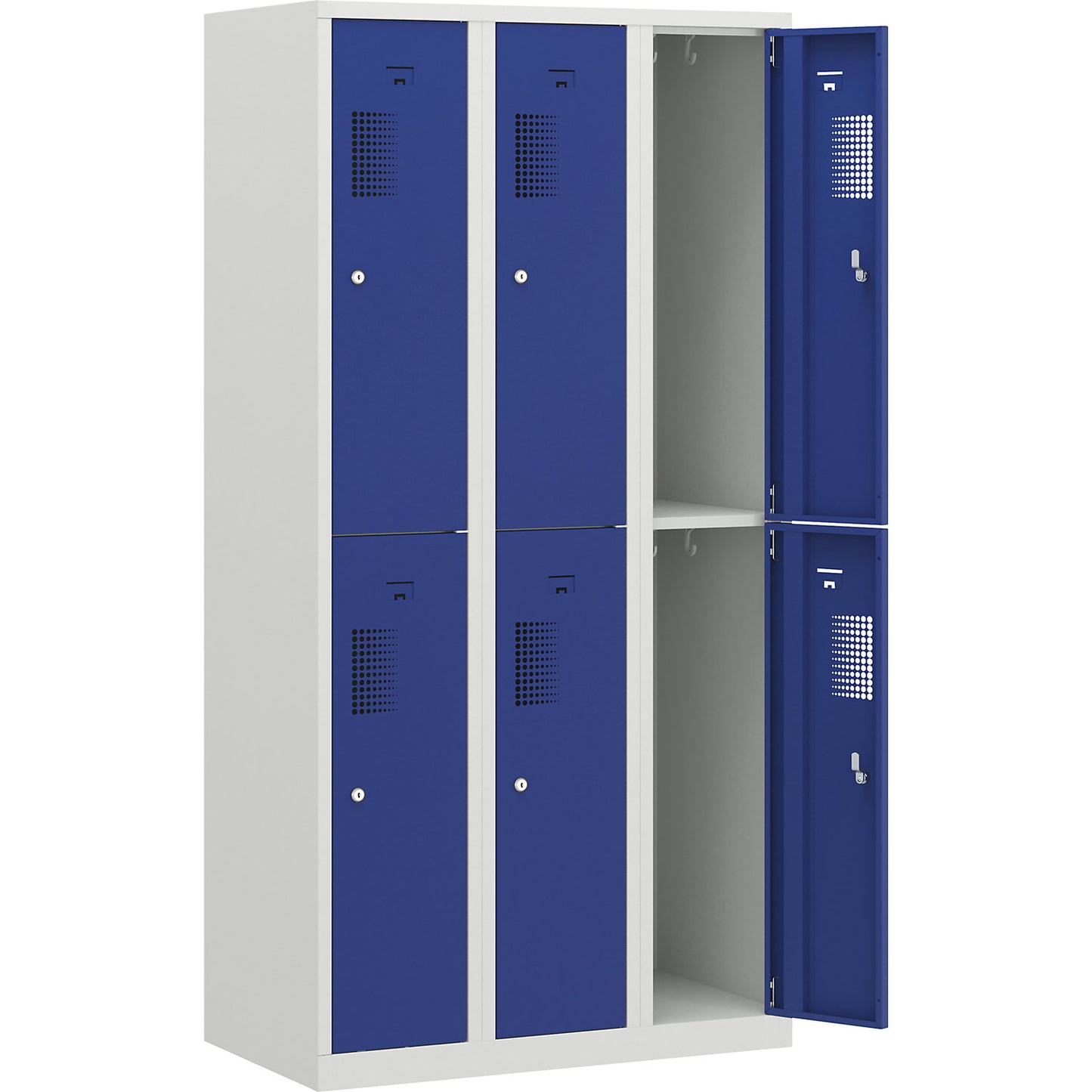 Amsterdam double deck clothes locker, 3 compartments, width 900 mm, 6 compartments, light grey / gentian blue.