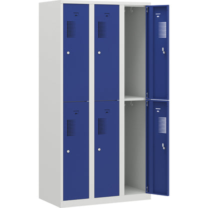 Amsterdam double deck clothes locker, 3 compartments, width 900 mm, 6 compartments, light grey / gentian blue.