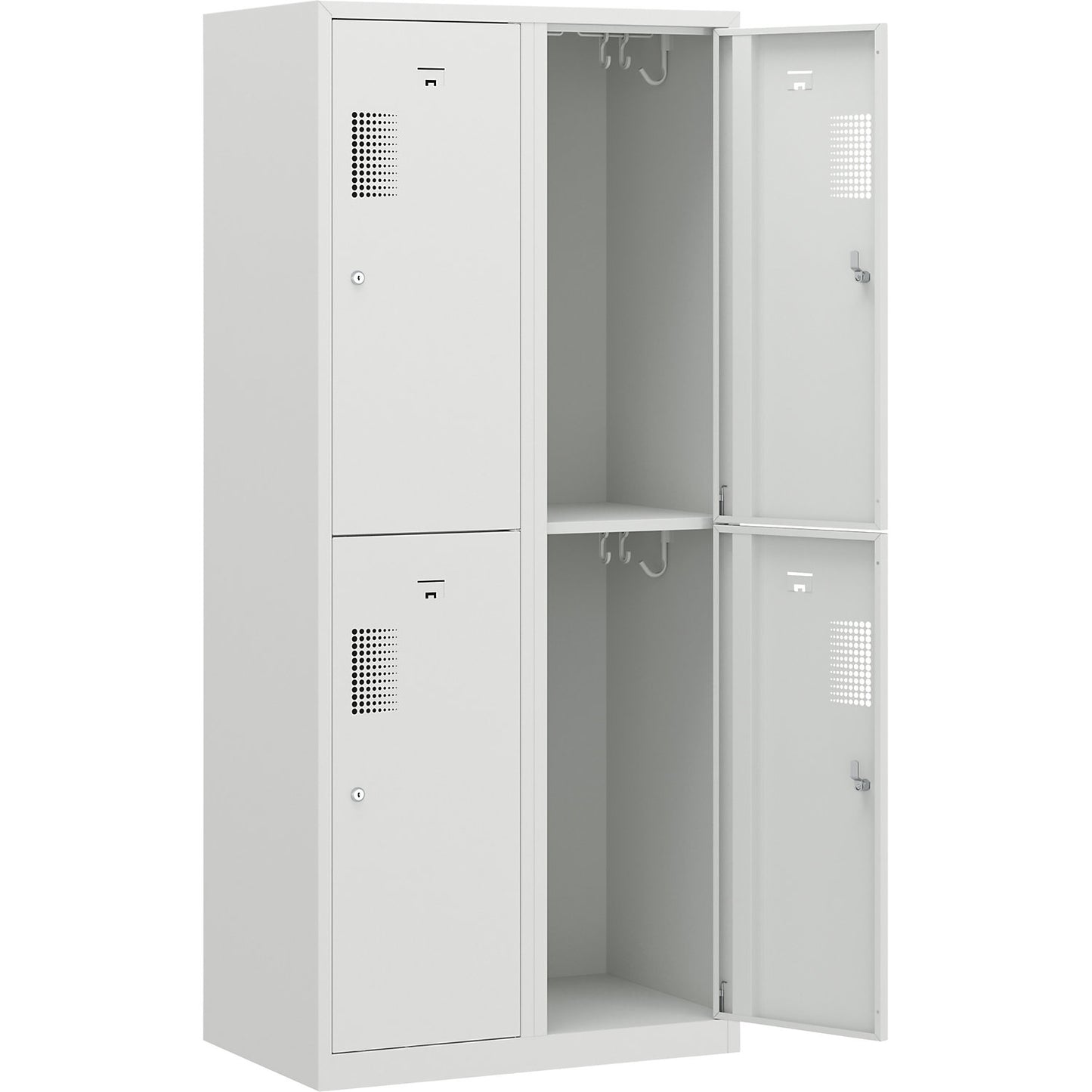 Amsterdam double deck clothes locker, 2 compartments, width 800 mm, 4 compartments, light grey.
