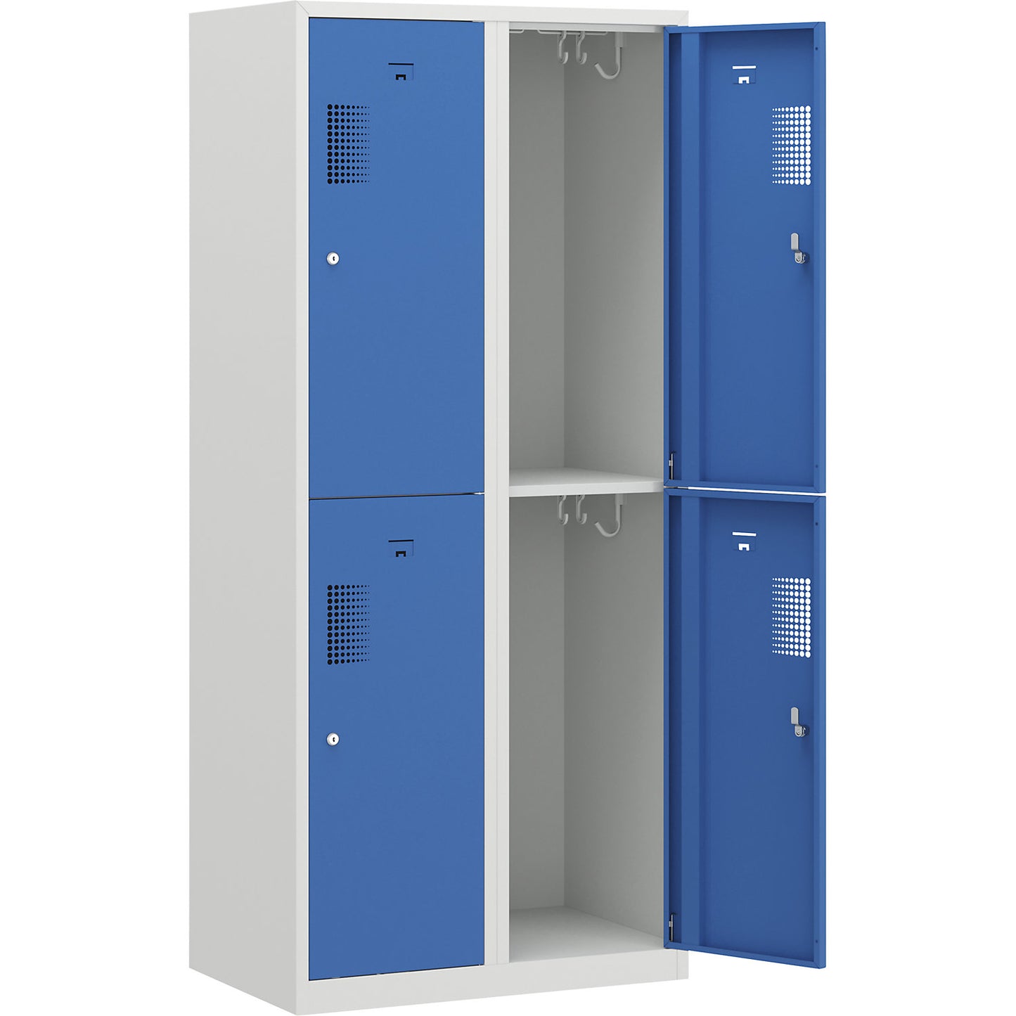 Amsterdam double deck clothes locker, 2 compartments, width 800 mm, 4 compartments, light grey / light blue.