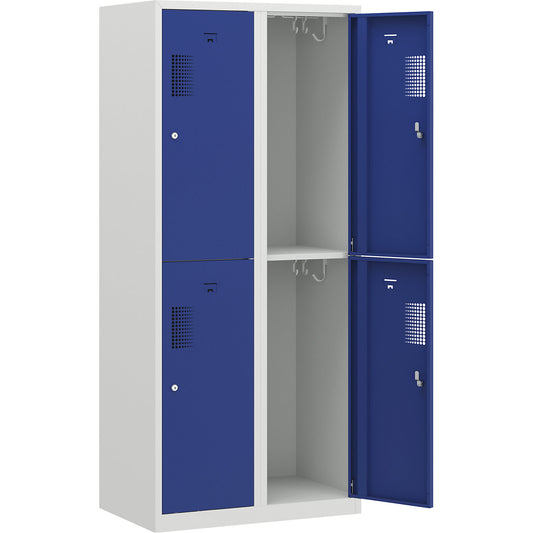 Amsterdam double deck clothes locker, 2 compartments, width 800 mm, 4 compartments, light grey / gentian blue.