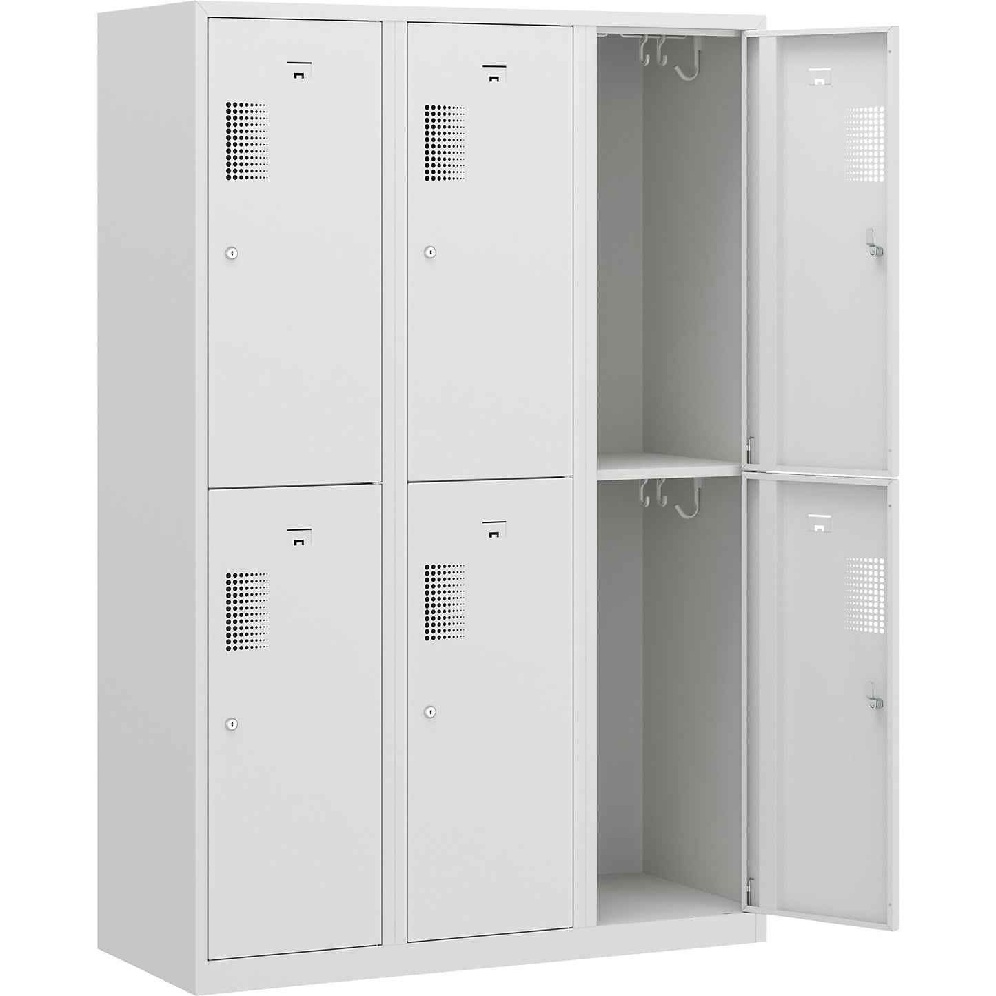 Amsterdam double deck clothes locker, 3 compartments, width 1200 mm, 6 compartments, light grey.