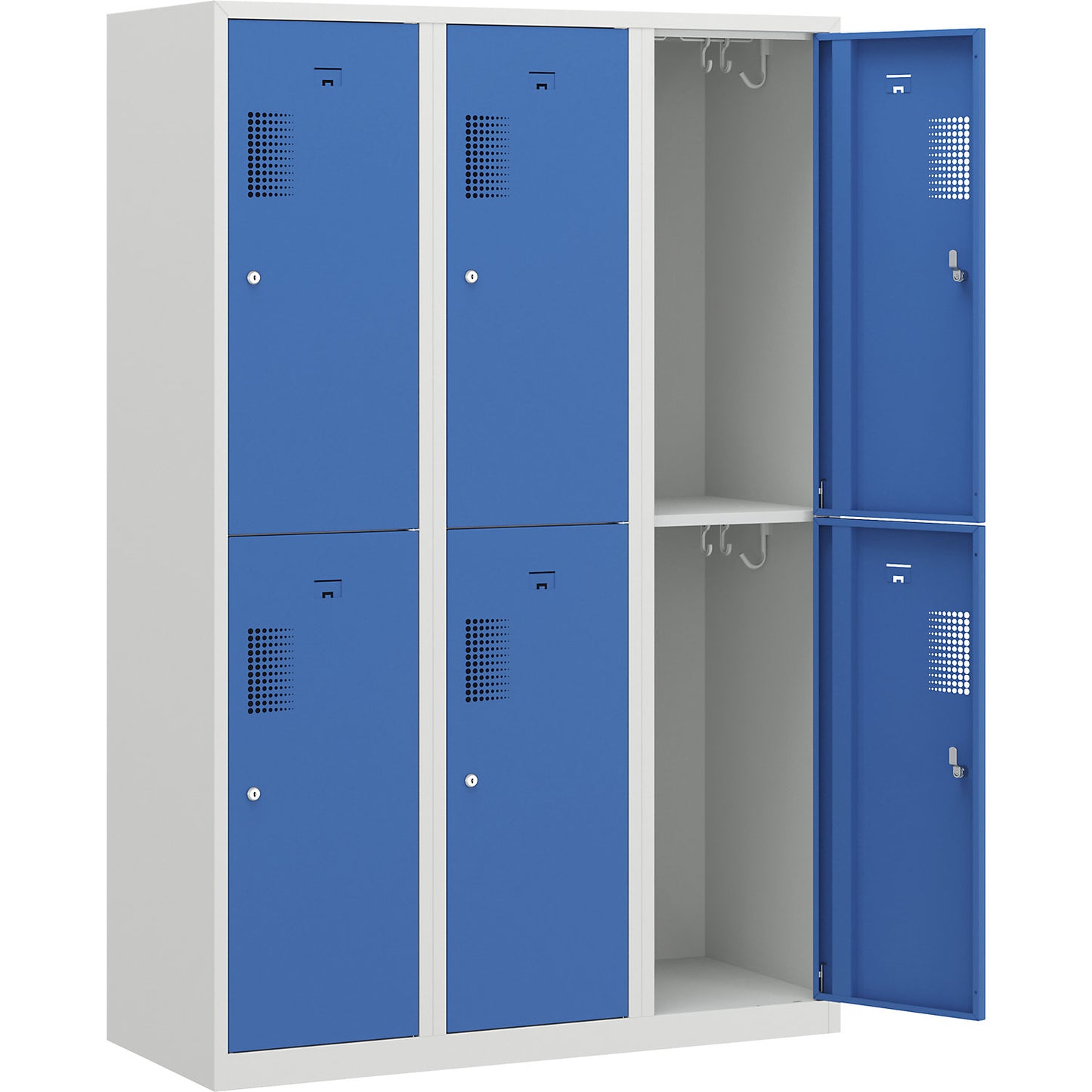 Amsterdam double deck clothes locker, 3 compartments, width 1200 mm, 6 compartments, light grey / light blue.