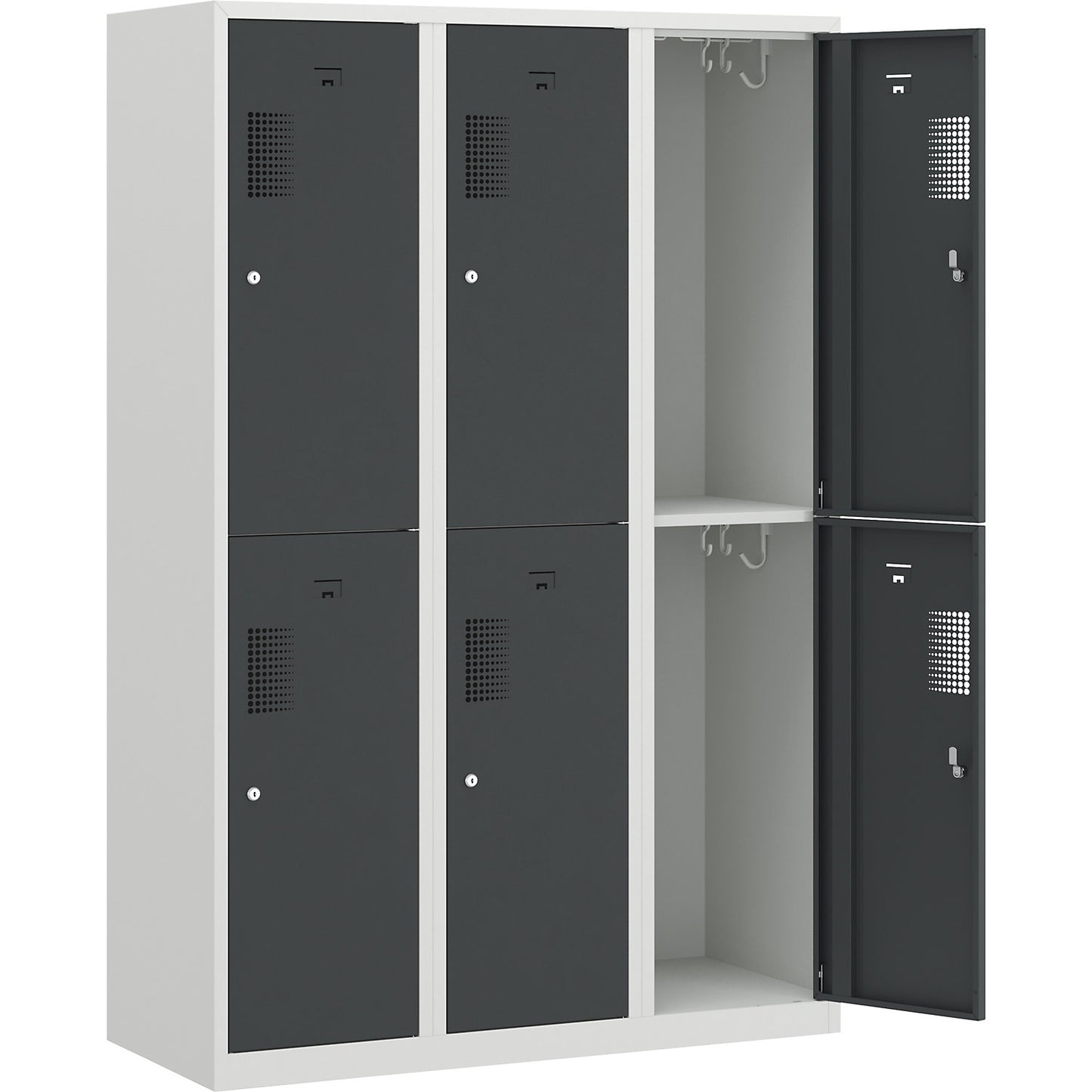 Amsterdam double deck clothes locker, 3 compartments, width 1200 mm, 6 compartments, light grey / basalt grey.