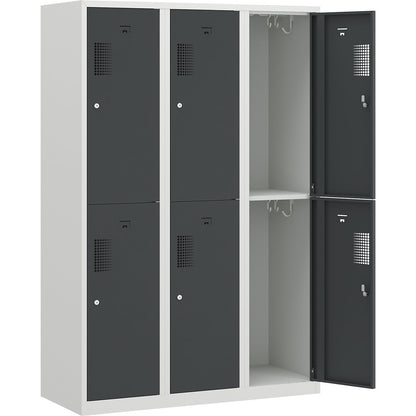 Amsterdam double deck clothes locker, 3 compartments, width 1200 mm, 6 compartments, light grey / basalt grey.
