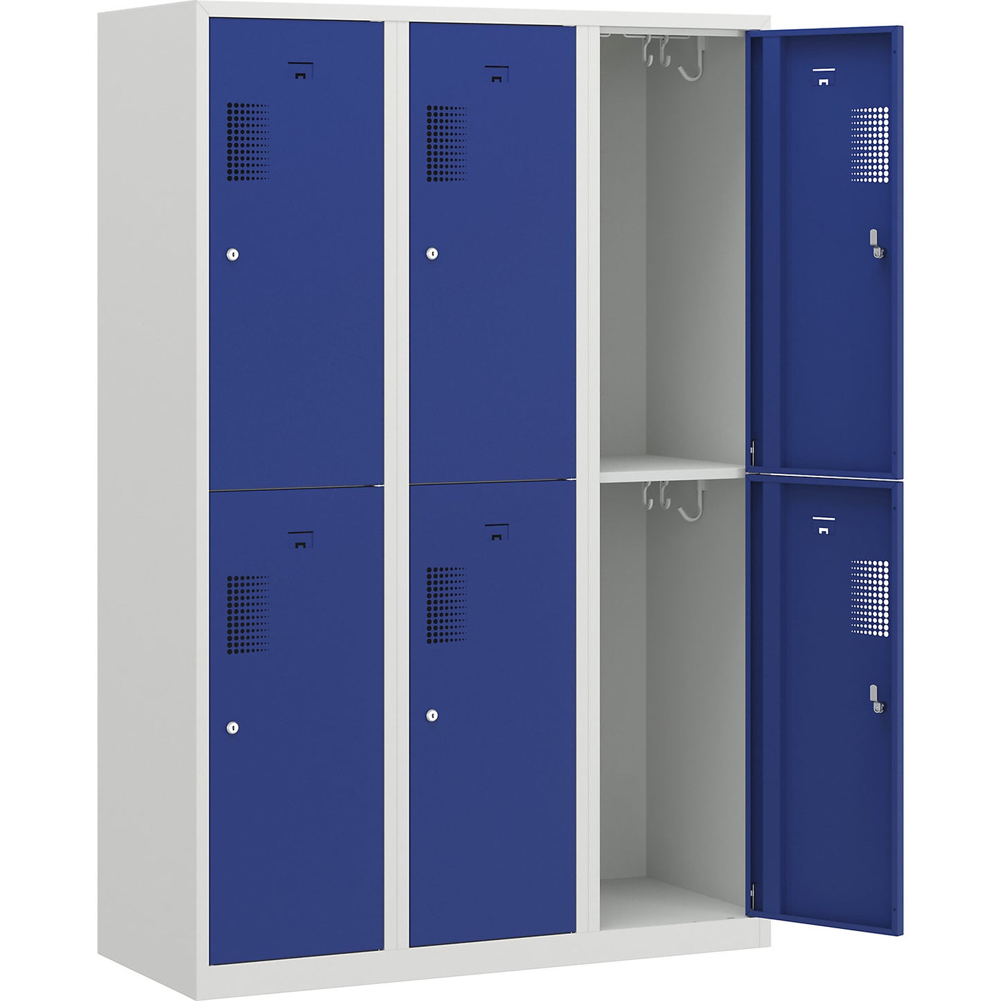 Amsterdam double deck clothes locker, 3 compartments, width 1200 mm, 6 compartments, light grey / gentian blue.