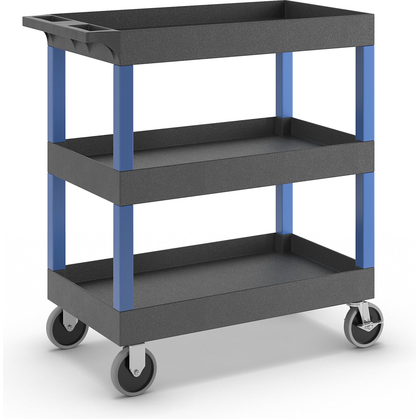 MULTI universal truck, LxWxH 895 x 460 x 950 mm, 3 shelves, 3 trays, black / blue.