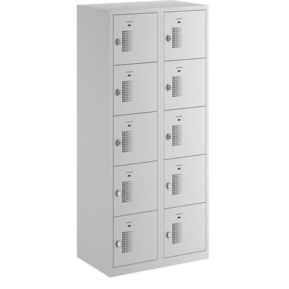 Amsterdam 5-fold compartment locker, 2 compartments, light grey, W 800 mm, 10 compartments, rotary bolt.