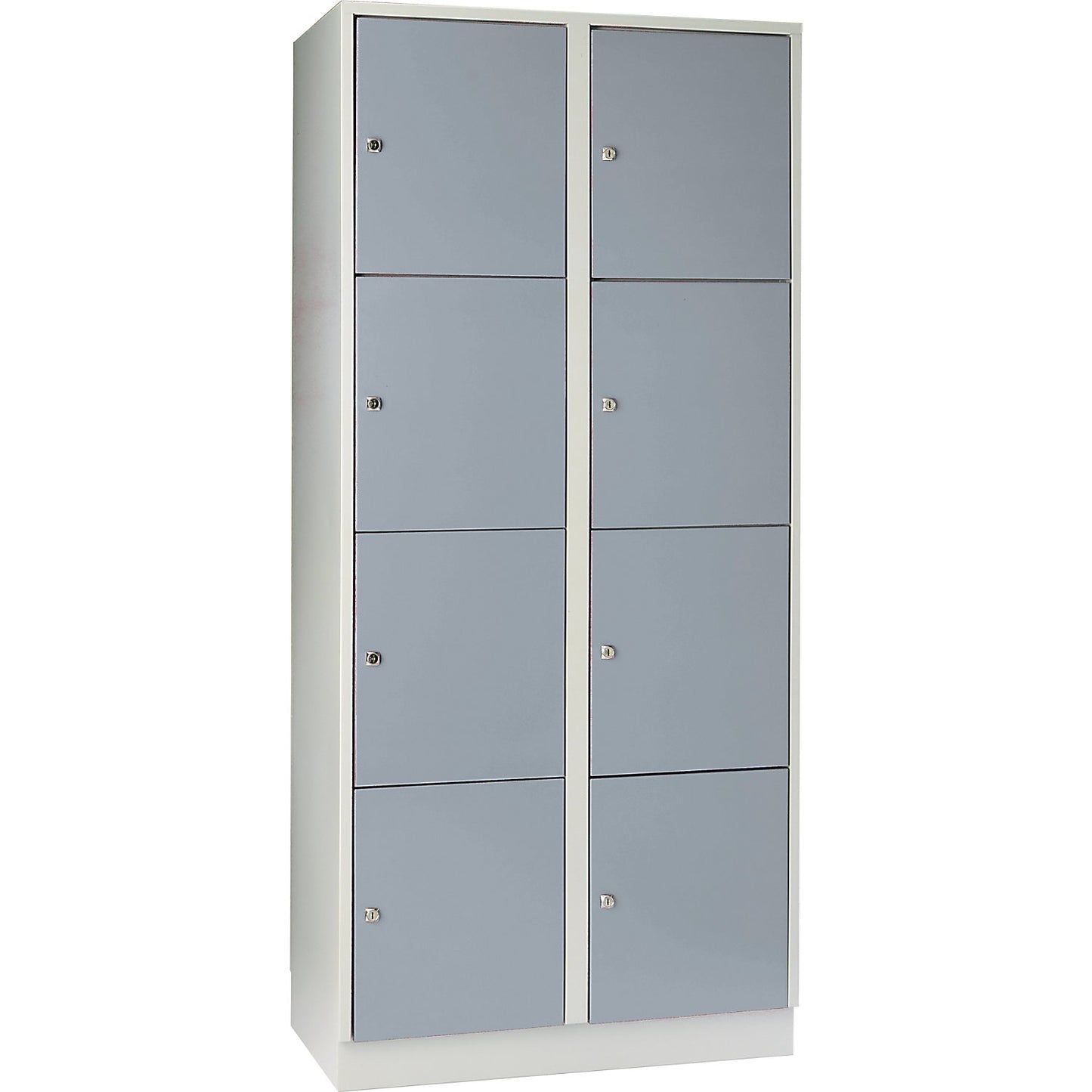 Munich 4-fold compartment locker, 2 compartments, light grey / silver grey, W 800 mm, with base plinth.