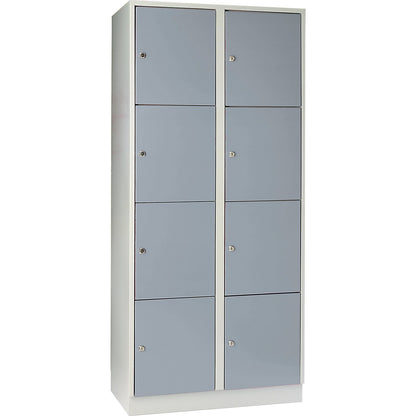 Munich 4-fold compartment locker, 2 compartments, light grey / silver grey, W 800 mm, with base plinth.