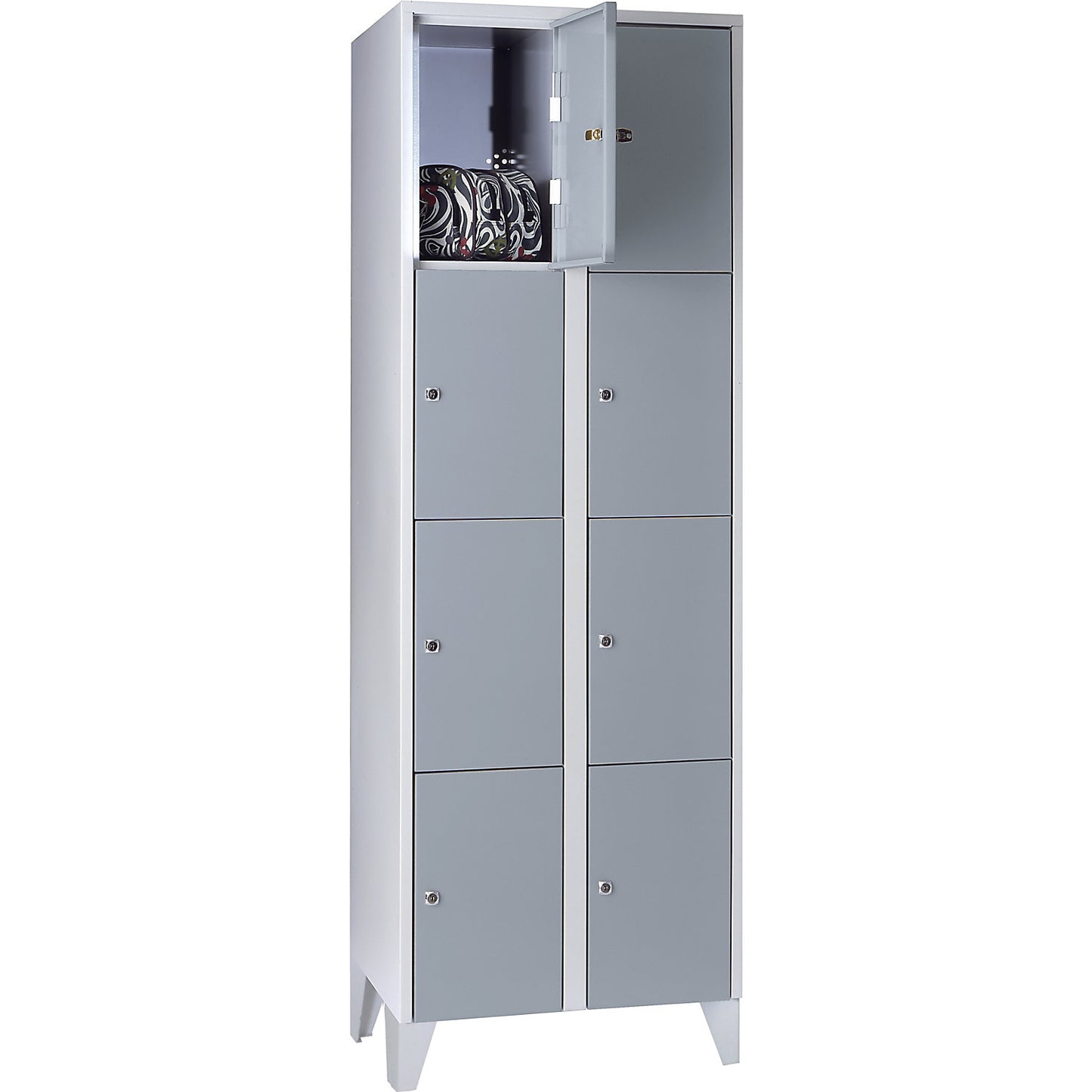 Munich 4-fold compartment locker, 2 compartments, light grey / silver grey, W 600 mm, with feet.