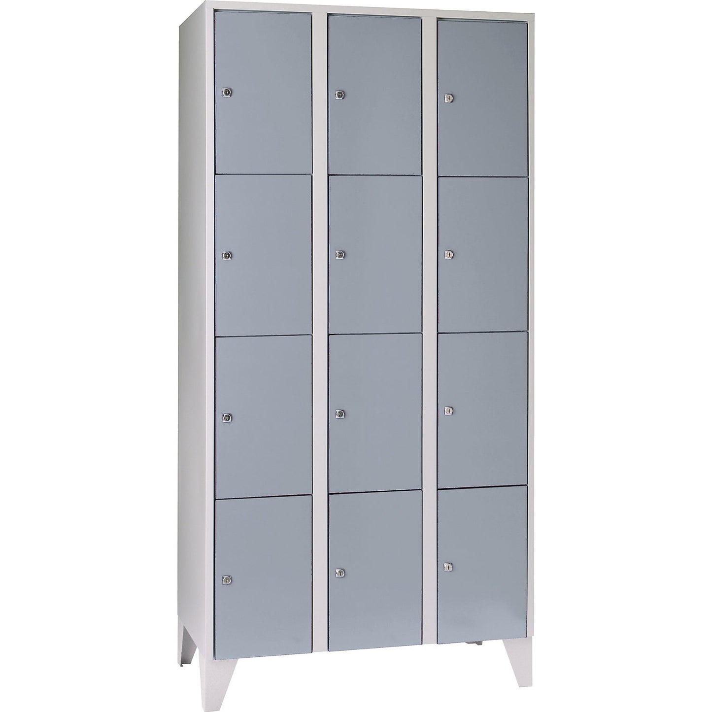 Munich 4-fold compartment locker, 3 compartments, light grey / silver grey, W 900 mm, with feet.