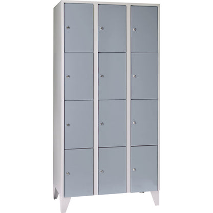 Munich 4-fold compartment locker, 3 compartments, light grey / silver grey, W 900 mm, with feet.
