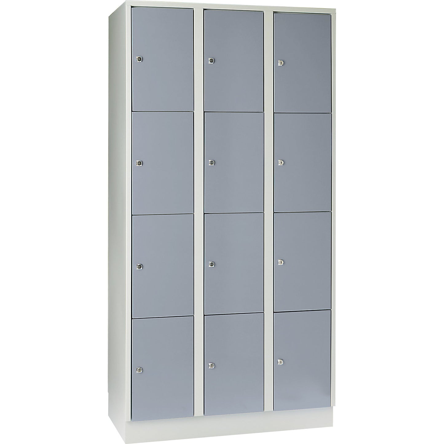 Munich 4-fold compartment locker, 3 compartments, light grey / silver grey, W 900 mm, with base plinth.