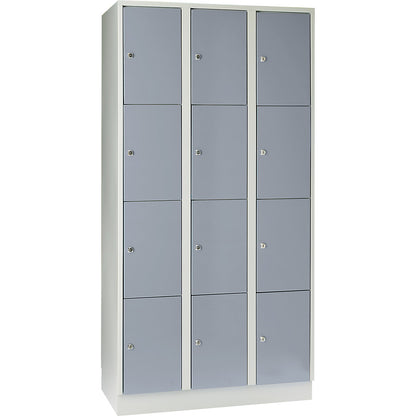 Munich 4-fold compartment locker, 3 compartments, light grey / silver grey, W 900 mm, with base plinth.