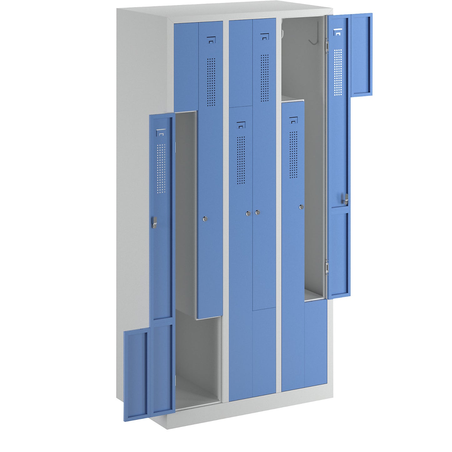 Amsterdam Z locker, 3 compartments, light grey / light blue, width 870 mm.