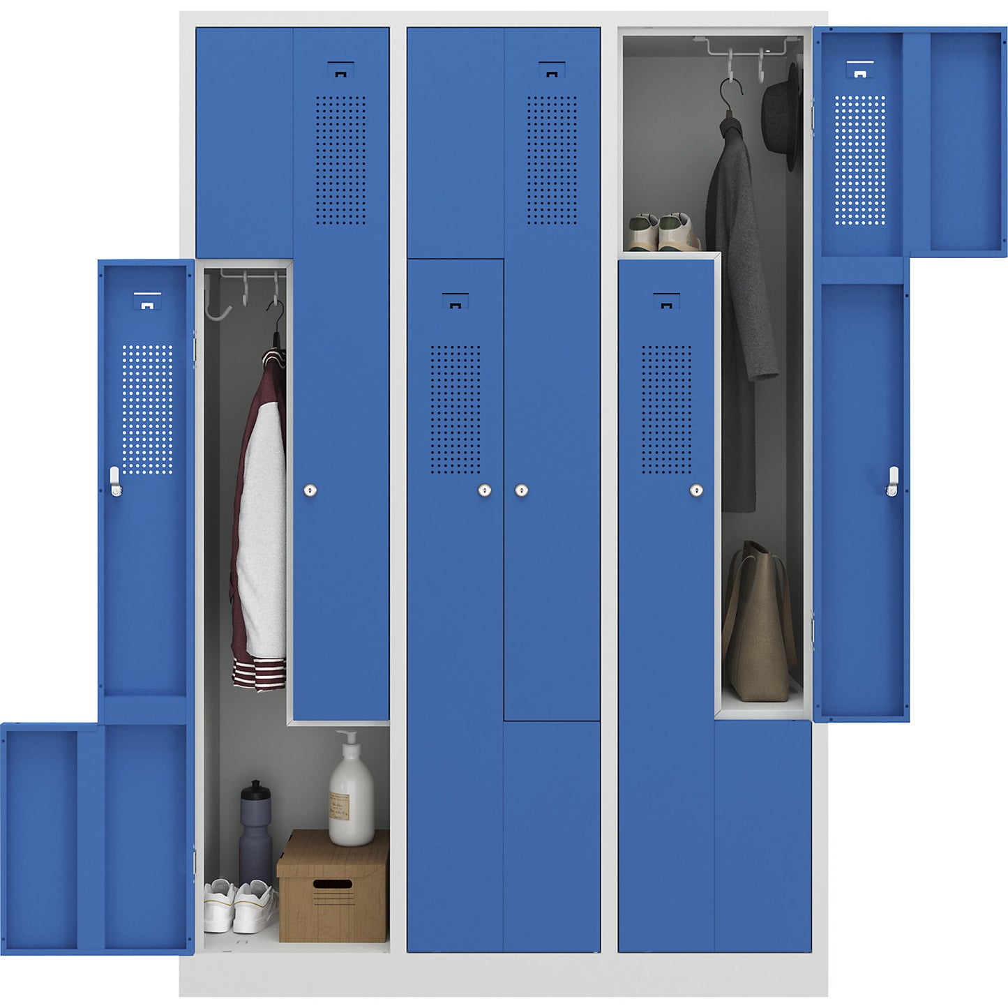 Amsterdam Z locker, 3 compartments, light grey / light blue, width 1185 mm.