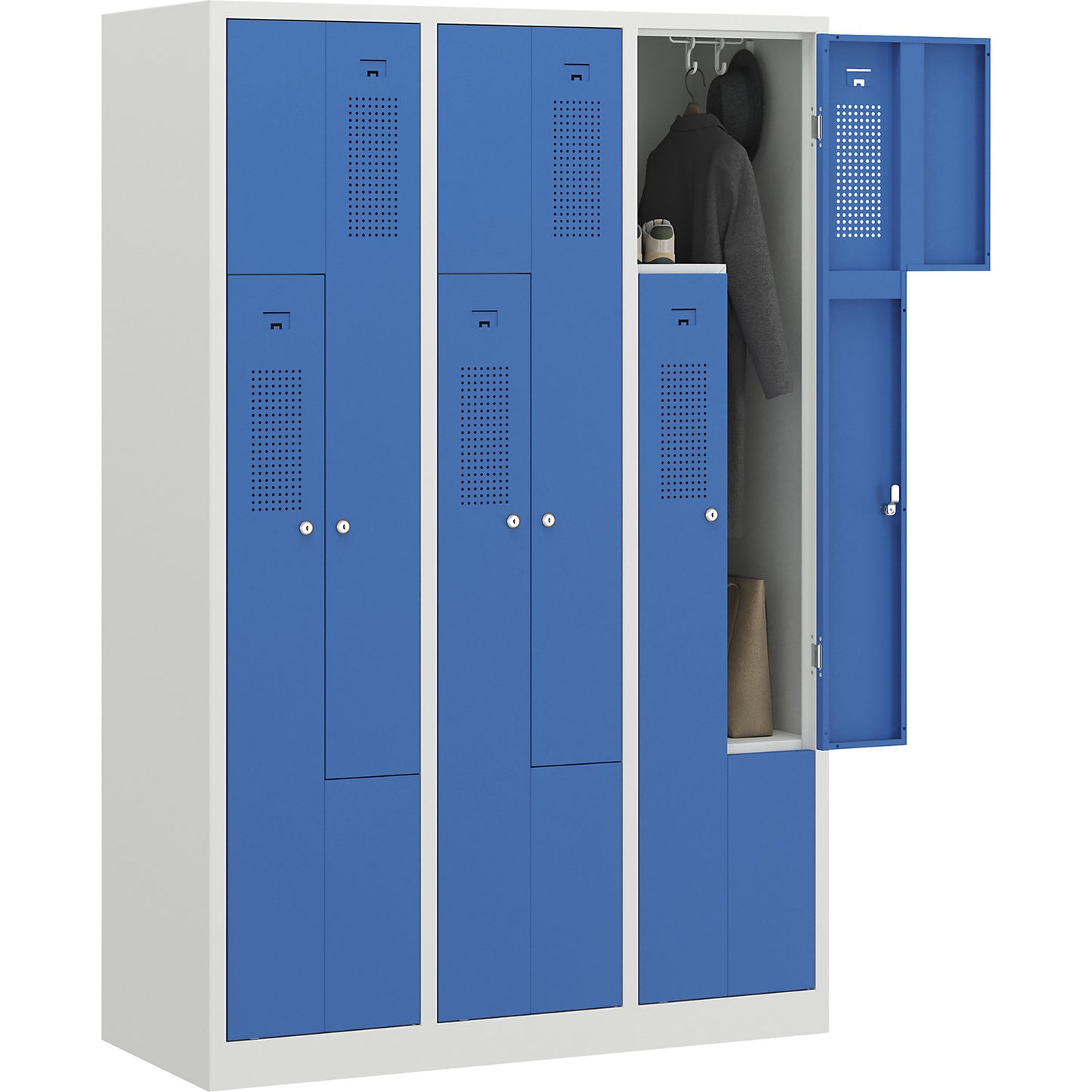 Amsterdam Z locker, 3 compartments, light grey / light blue, width 1185 mm.